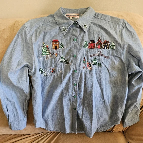 Vintage Westbound Denim Shirt with Embroidered Winter Scene - Picture 1 of 3